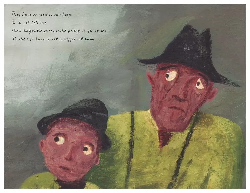 This book challenges negative connotations with refugees:  you can read the verses up or down to see things both ways.